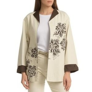 Multiples Cardigan Jacket Open Front XL Cream Brown Floral Boho Chic‎
